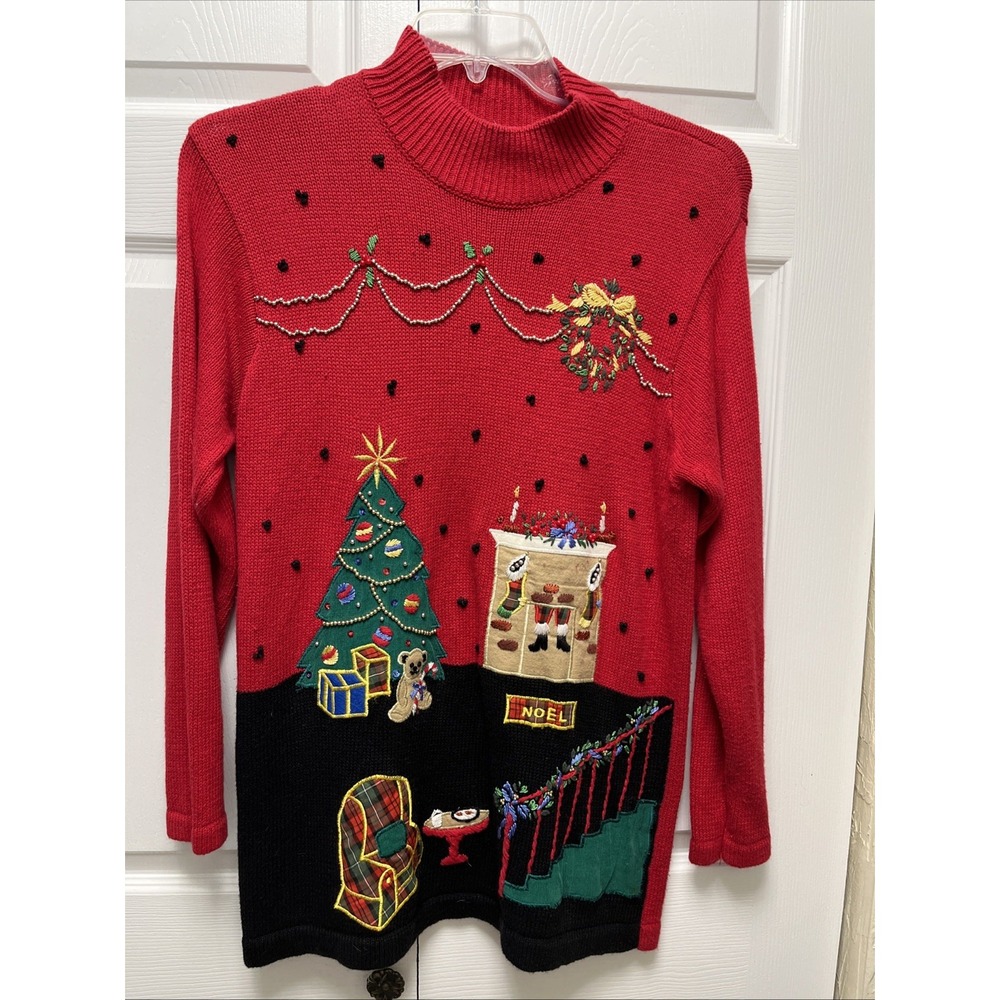 Vintage Victoria Jones CHRISTMAS SWEATER Fireplace Tree EMBROIDERED BEADED 1X